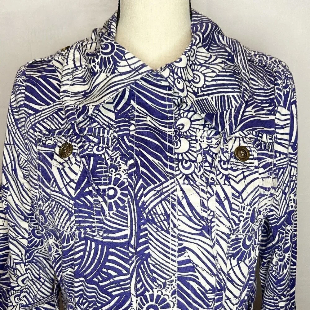COLDWATER CREEK Utility Full Zip Jacket Sz 6 Floral Print Lapis Purple and White